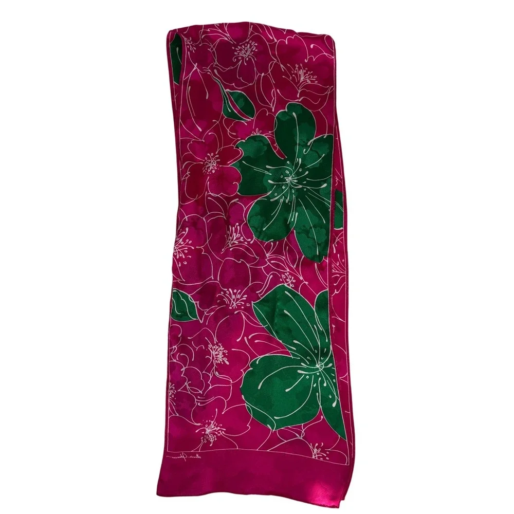 Ginnie Johnson Pink Hibiscus Floral Silk‎ Scarf Tropical Botanical Signed 61x11
